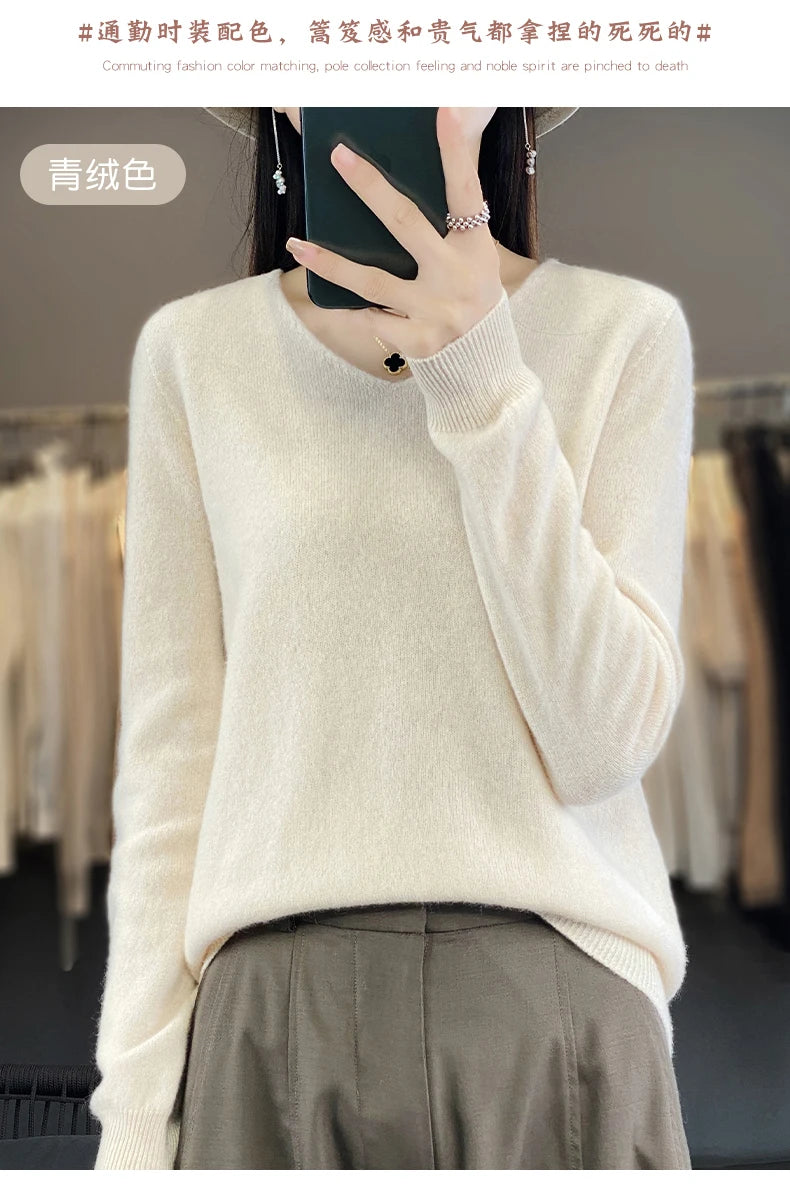 Women 100% Merino Wool Sweater V-Neck Basic Pullover Autumn Winter Cashmere Clothing Long Sleeve Soft Knitwear Tops Solid Color.