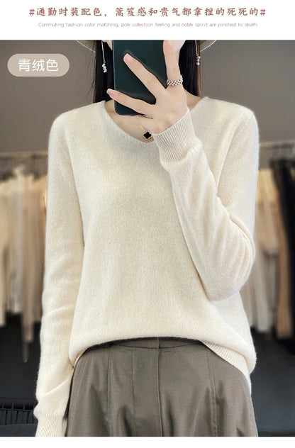 Women 100% Merino Wool Sweater V-Neck Basic Pullover Autumn Winter Cashmere Clothing Long Sleeve Soft Knitwear Tops Solid Color.
