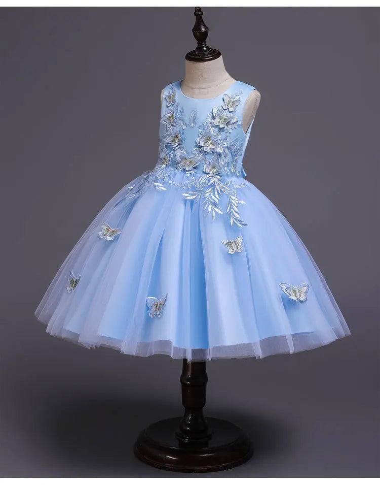 Elegantes Kleid für Mädchen, Abend, Hochzeit, Schmetterlingsapplikationen, Netzstoff, Prinzessinnenkleid für Kinder, Geburtstagsfeier, Abschlussball, Performance-Kleid.