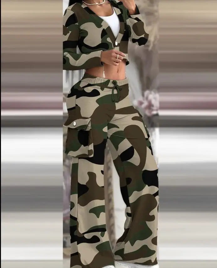 Spring Autumn New Women's Fashion Solid Color Printed Sexy Short Top With Waist Exposed Casual Lace Up Waist Drawback Pants Set