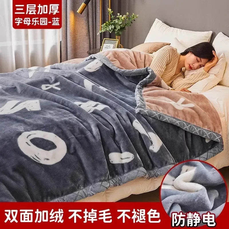 Printing Blanket Quilt Winter Keep Warm Double-deck Thickening Soft Comfortable Multiple Specifications Add Velvet Siesta Sheet.
