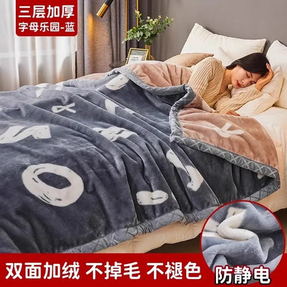 Printing Blanket Quilt Winter Keep Warm Double-deck Thickening Soft Comfortable Multiple Specifications Add Velvet Siesta Sheet.