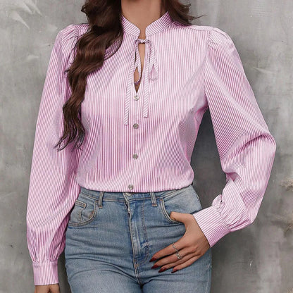 New Fashion Women's Color-coded Striped Casual Trendy Loose Single-breasted Pullover Long Sleeve Shirts Female Clothes T-shirts.