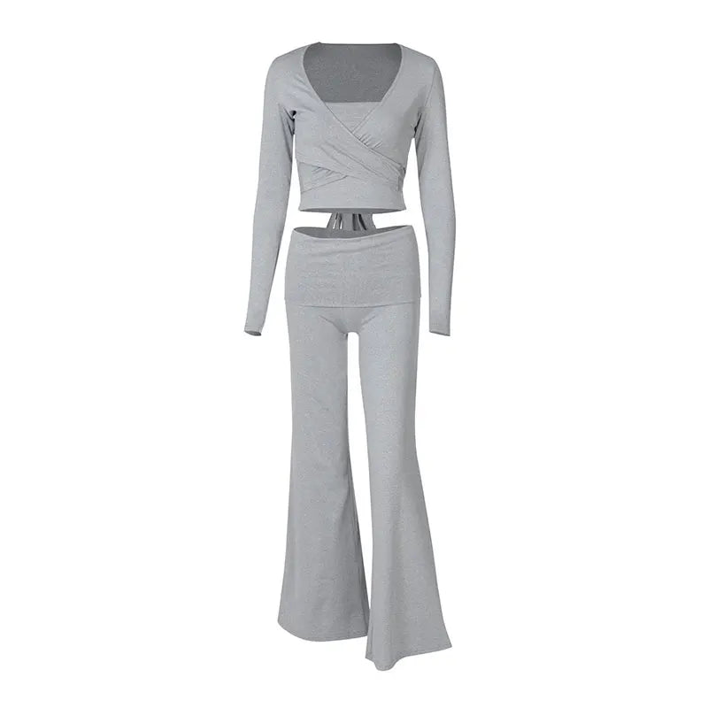 Spring New Women's T-shirt Pants 2 Piece Set Streetwear Fashion Long Sleeves Lace-up Tees Casual Trousers Elegant Slim Clothing.