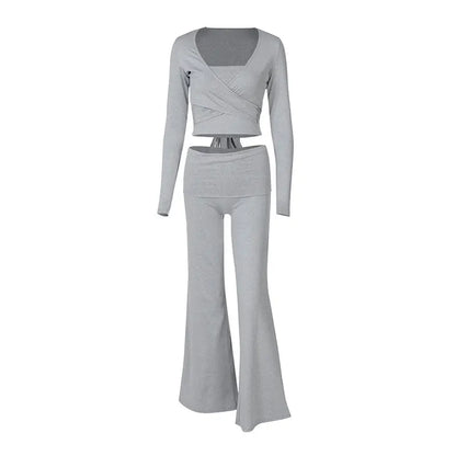 Spring New Women's T-shirt Pants 2 Piece Set Streetwear Fashion Long Sleeves Lace-up Tees Casual Trousers Elegant Slim Clothing.