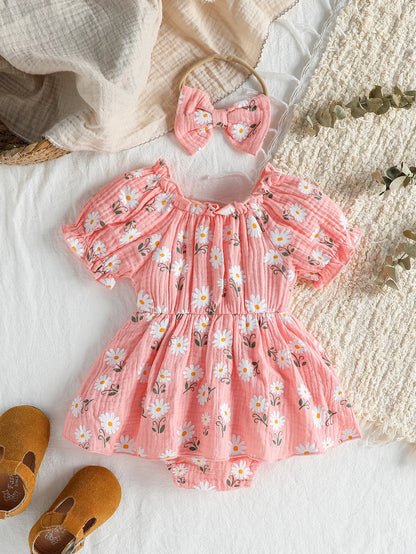 2Pcs Sommer Neugeborenen Weiche Baumwolle Rosa Baby Mädchen Strampler Kleid Daisy Print Kurzarm Overalls Kleidung Bodys + Stirnband.