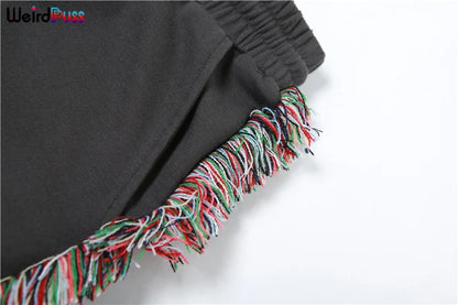 Weird Puss Casual Sporty 2 Piece Set Women Letter Embroidery Crop Tops+Side Tassel Straight Pants Matching Streetwear Tracksuits.