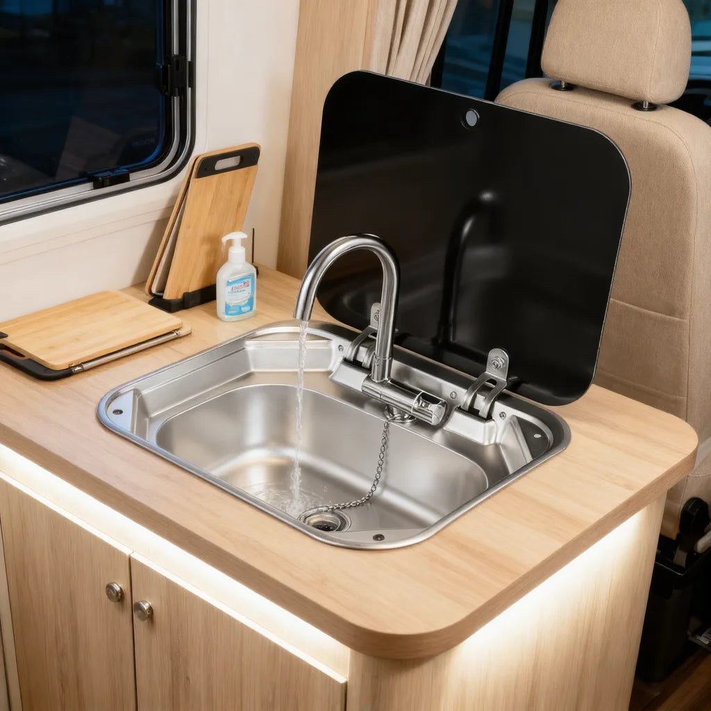 Edelstahlspüle mit klappbarem Wasserhahn und Deckel, Bar, Wohnwagen, Wohnmobil, kleines Boot, Handwaschbecken, Outdoor-Küchenspüle für Reisen