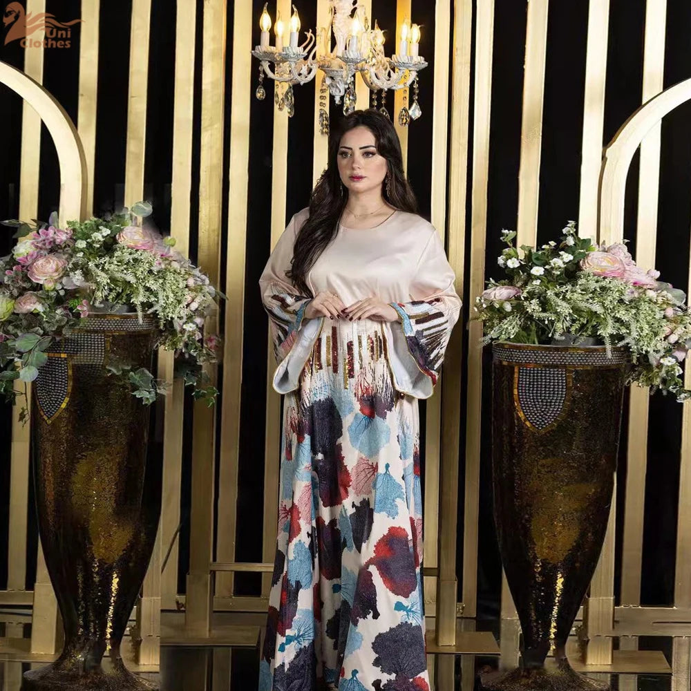 Uni Arab Saudi Printing Sequins Long Dresses Galabia Muslim Eid Women Abayas Islam Clothing Turkish African Kebaya 2025 New.