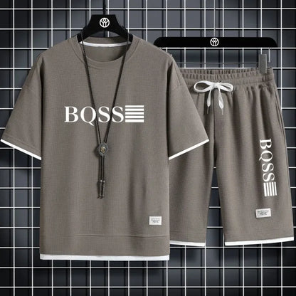 Summer fitness jogging loose sportwear set men's solid color short-sleeved casual T-shirt + shorts breathable two-piece set.