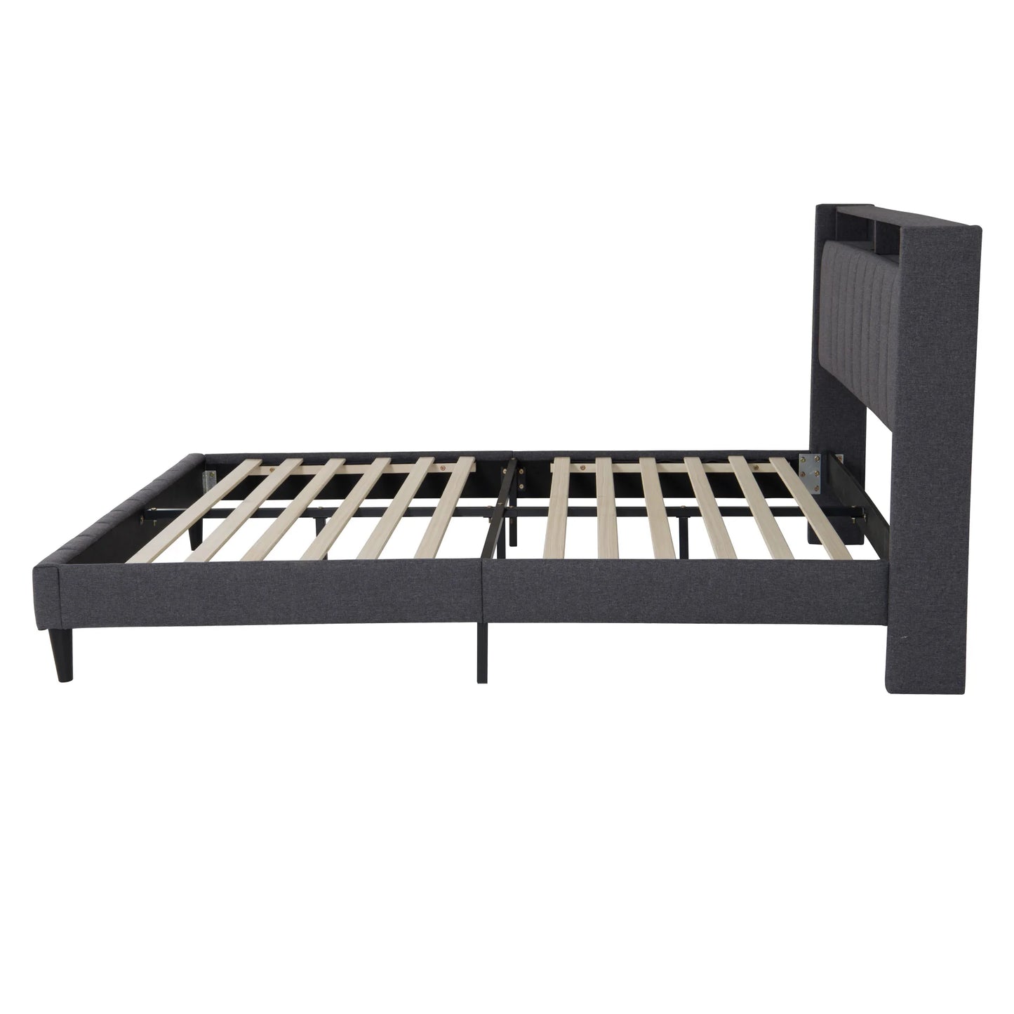 Lazyspace gepolstertes Doppelbett, Bettgestell 160/140 x 200 cm, Kopfteil mit Stauraum, USB-Aufladung und LED-Licht, keine Matratze