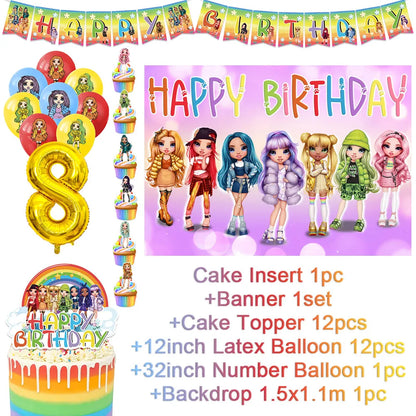 Cartoon Regenbogen Puppe High School Thema Hintergrund Geburtstag Party Dekoration Lieferungen Einweg Tasse Besteck Ballon Baby Geschenk.