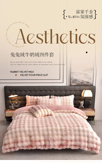 2024 new light luxury rabbit velvet four-piece set thickened warm milk velvet rabbit hair tie-dye bed sheet quilt cover.
