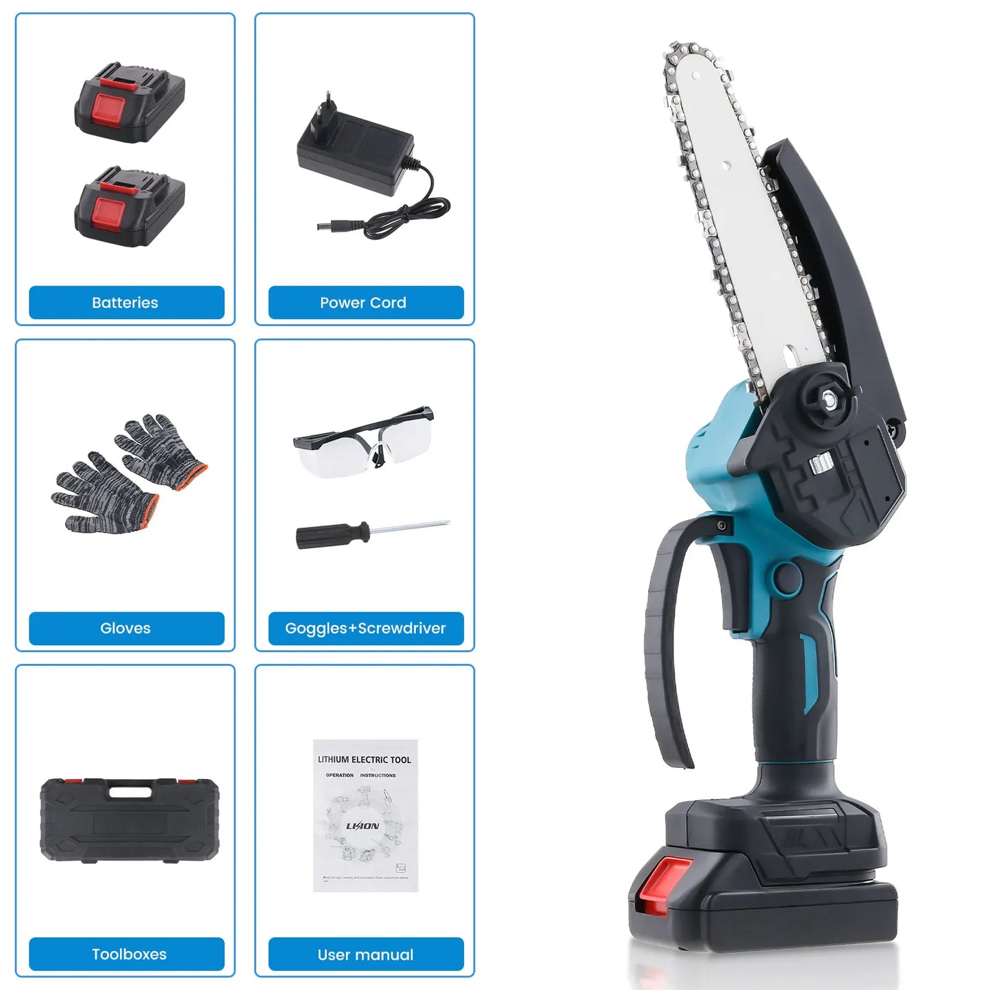 Podofo 6inch Electric Chain Saw Cordless Chainsaw Portable Tree Branch Logging Cutter Woodworking Garden Tool with 2 Batteries