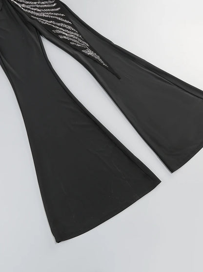 Sexy Deep V Neck Sparkly Diamonds Design Jumpsuit Women Long Sleeve Draped Wide Leg Jumpsuit Elegant Evening Club Costume Runway