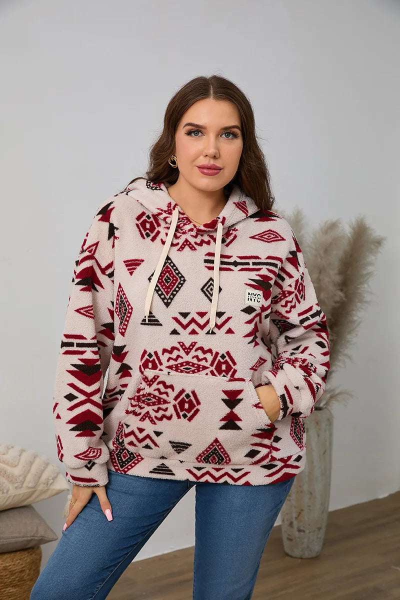 Kapuzenpullover für Damen, große Größe, Reißverschluss-Sweatshirts, ethnischer Druck, flauschiger Streetwear-Pullover, Herbst-Winter-Rollkragenpullover.