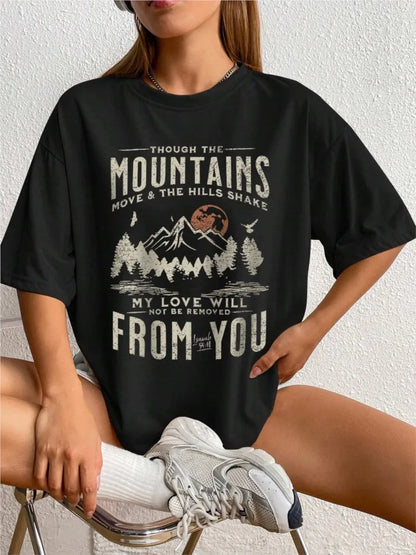 Spring Woman Cotton T-Shirts Mountains Setting Sun Printed Short Sleeve Tees Fashion Female Clothes Comfortable Soft Street Tops.
