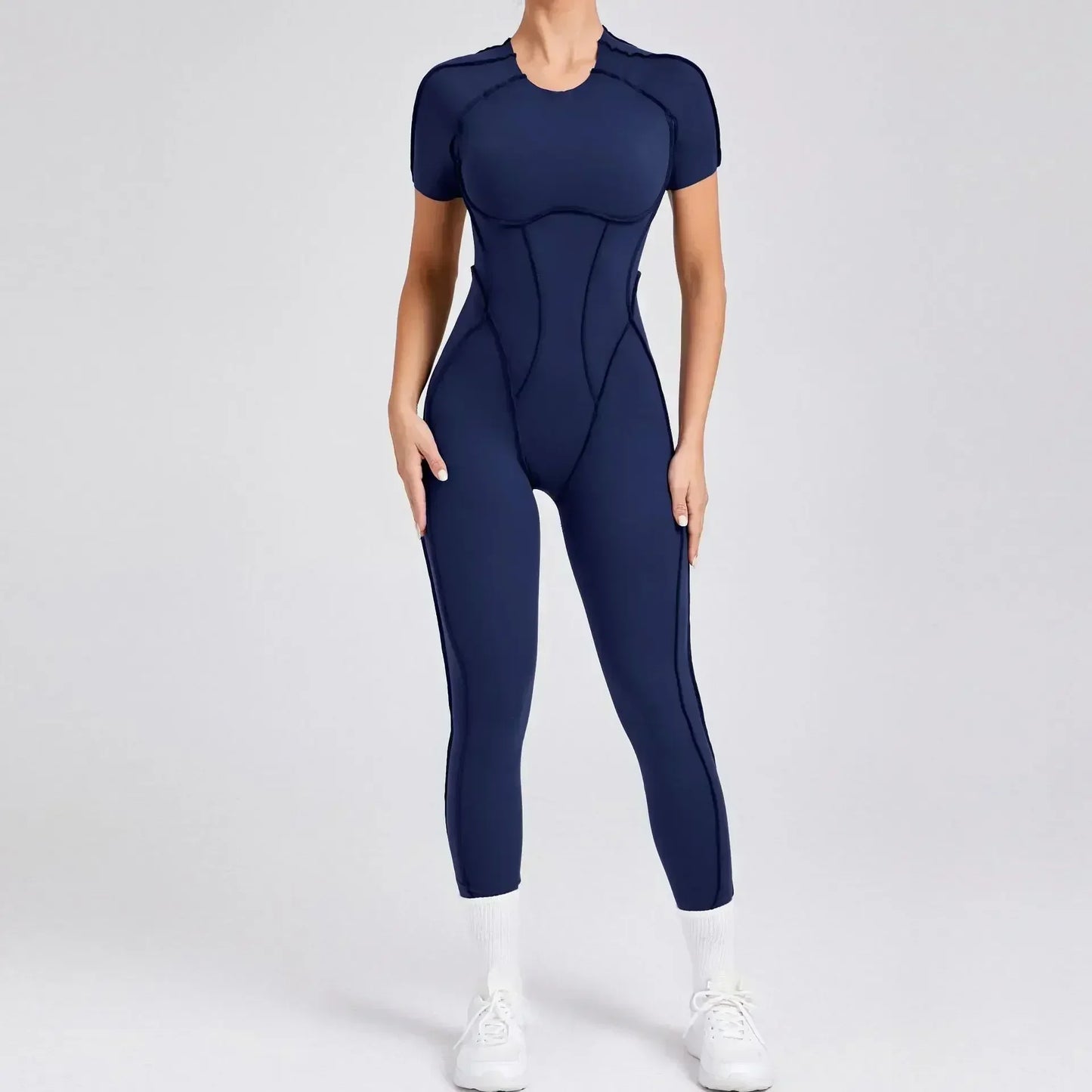 Seamless Yoga Jumpsuits Sports Fitness Hip-lifting Backless Short-sleeved One-piece Workout Gym Leggings Tracksuits for Women.