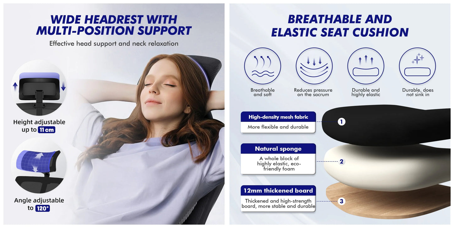 AUTHMIC Ergonomischer Bürostuhl mit Netzrücken, 5D-Lendenwirbelstütze, Liegestuhl 90–135 ° , Verstellbare Armlehne und Kopfstütze für das Heimbüro