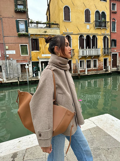 Women Fashion Brown Scarf Coat Jacket Loose Long Sleeve Single Breasted Pocket Jacket Fall/Winter Casual Wool Blend Jacket.