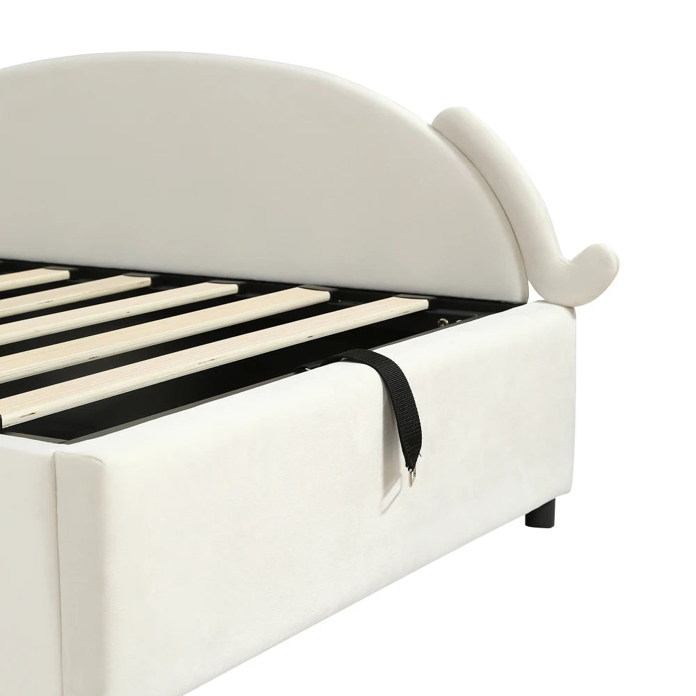 Polsterbett, Einzelbett, süßes Katzendesign, hydraulisches Bett mit Stauraum und Gürtelgriffen, stabiler Gitterrost, 90 x 200 cm