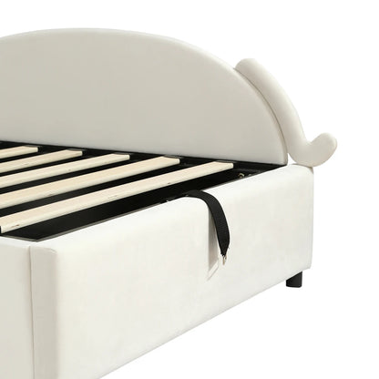 Polsterbett, Einzelbett, süßes Katzendesign, hydraulisches Bett mit Stauraum und Gürtelgriffen, stabiler Gitterrost, 90 x 200 cm