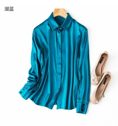 Tajiyane Damen-Langarmshirt aus 93 % Maulbeerseide, 7 % Elasthan, 19 Momme, Satin-Seidenknöpfe, Oberteil, Bluse, Büroarbeit, Chemise Femme