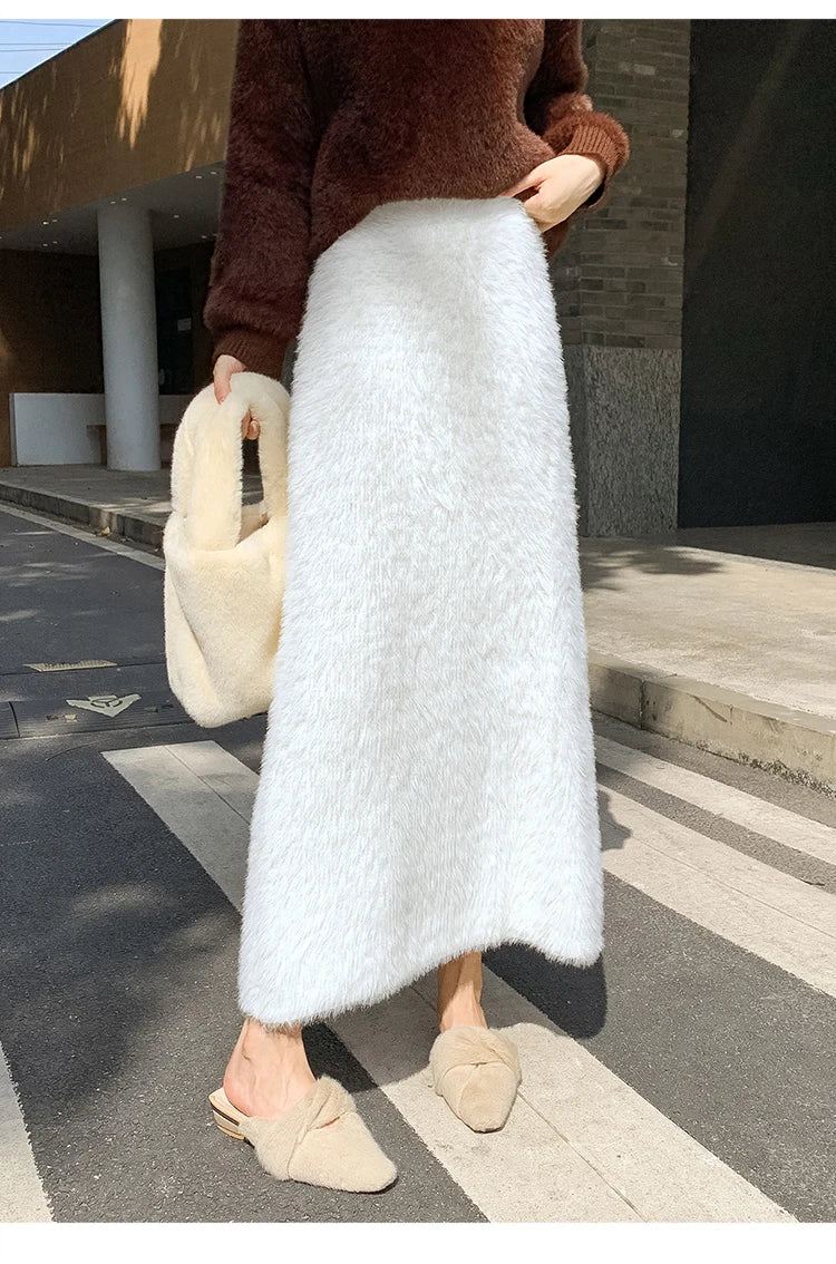 Autumn Winter New Knit Long Skirt Women Casual Thick Korean High Waist Soft A-Line Skirt