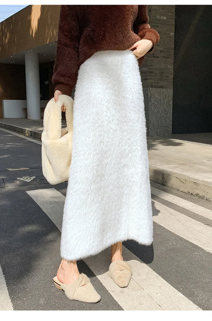 Autumn Winter New Knit Long Skirt Women Casual Thick Korean High Waist Soft A-Line Skirt