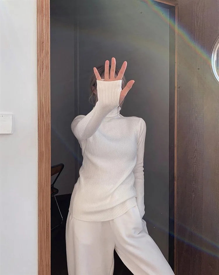 Neue Herbst Winter Grundlegende Gestrickte Tops Frauen Rollkragen Pullover Casual Pullover Koreanische Mode Einfache Mit Daumen Löcher Chic Kleidung.