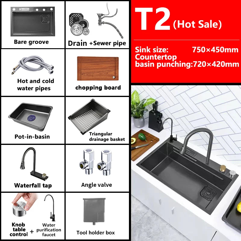 Waterfall Sink Kitchen Stainless Steel Topmount Sink Large Single Slot Wash Basin With Multifunction Touch Waterfall Faucet