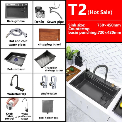 Waterfall Sink Kitchen Stainless Steel Topmount Sink Large Single Slot Wash Basin With Multifunction Touch Waterfall Faucet