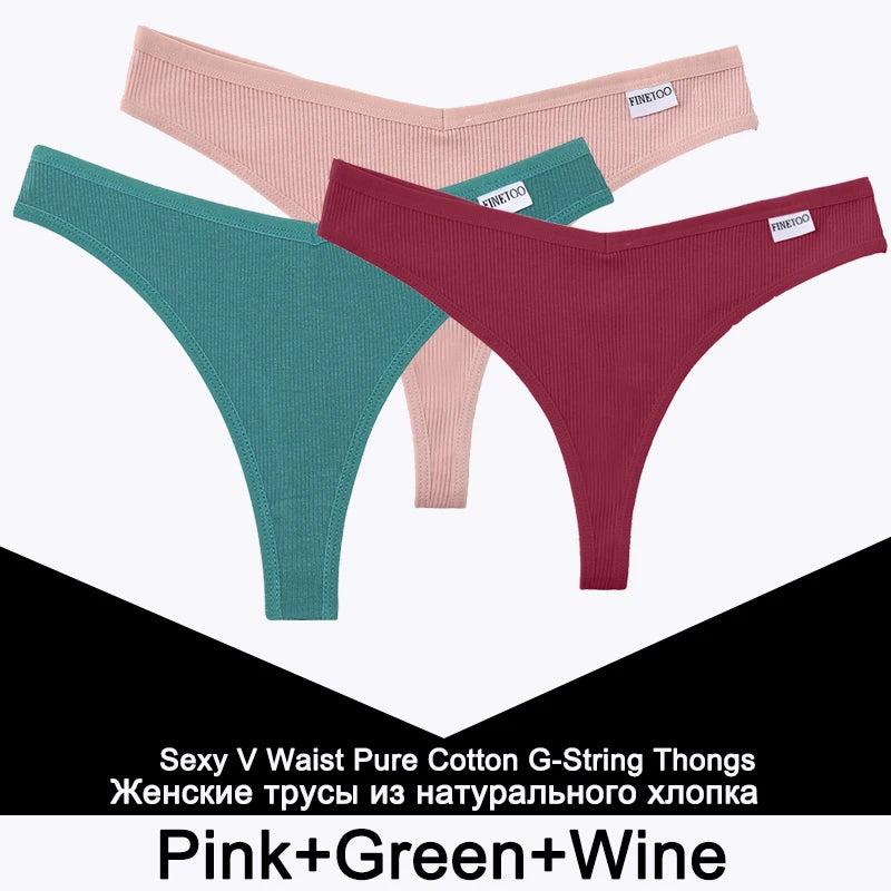 FINETOO 3PCS/Set G-string Panties Cotton Women's Underwear Sexy Panty Female Underpants Thong Solid Color Lingerie T-Back Design