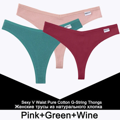 FINETOO 3PCS/Set G-string Panties Cotton Women's Underwear Sexy Panty Female Underpants Thong Solid Color Lingerie T-Back Design