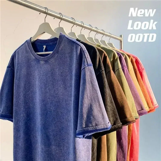 American Style Retro Heavyweight Solid Color Short Sleeved T-shirt Men Women Summer Street Trendy Washed Old Oversized Clothes.