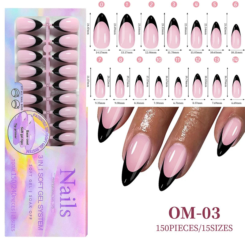 150Pcs/Box Acrylic Press on Nails Full Cover Fake False Tips Soft Gel Extension T-shaped Oval Capsule Almond Sculpted Salon DIY.