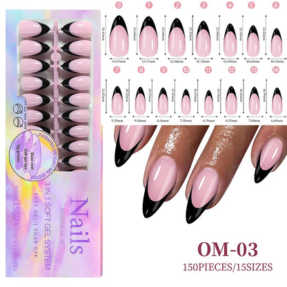 150Pcs/Box Acrylic Press on Nails Full Cover Fake False Tips Soft Gel Extension T-shaped Oval Capsule Almond Sculpted Salon DIY.