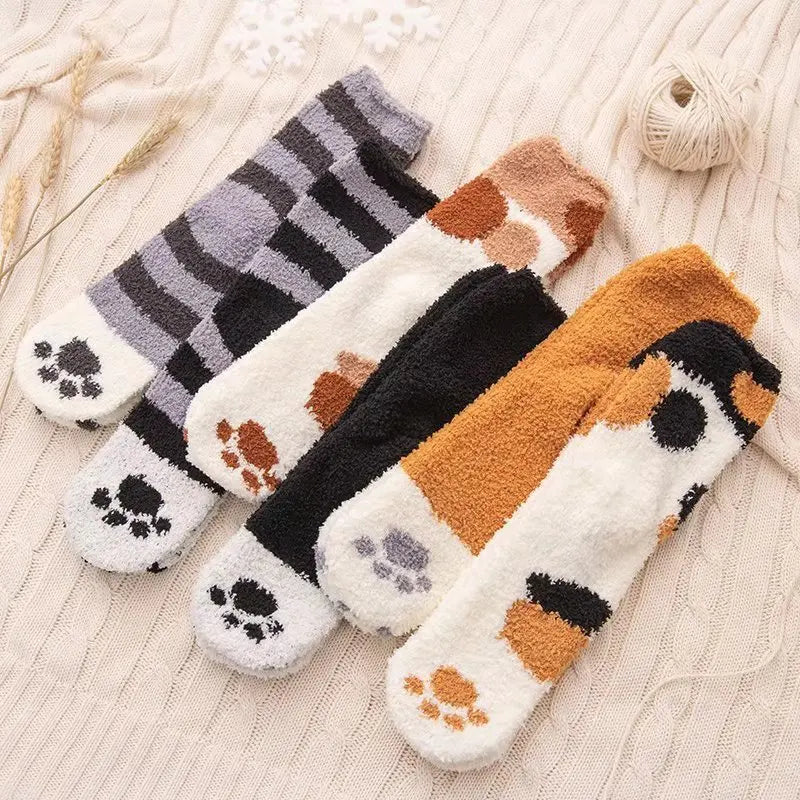 Women Winter Warm Fluffy Socks Cute Animal Claw Cat Paw Footprint Fuzzy Socks Female Thick Coral Fleece Home Floor Sleep Socks.