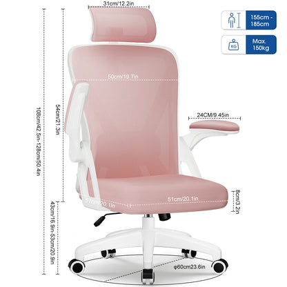 AUTHMIC Ergonomischer Bürostuhl (ROSA) mit klappbaren Armlehnen, verstellbarer Rückenlehne, verstellbarer Kopfstütze und Lordosenstütze, 150 kg