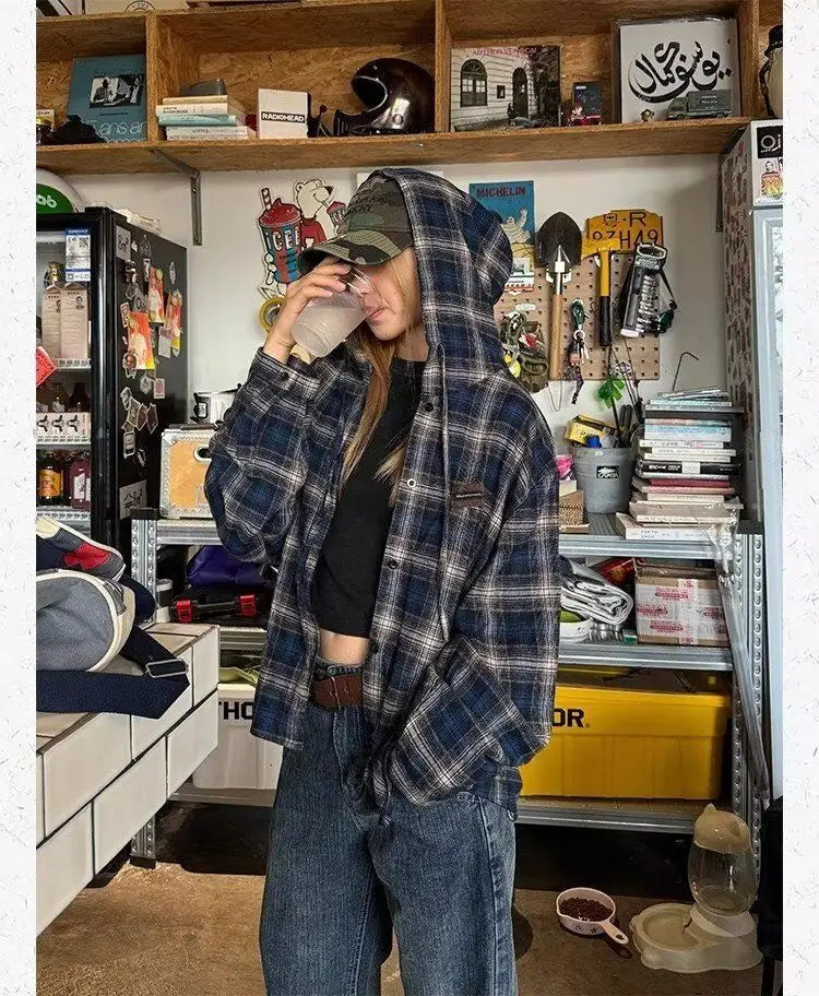 HOUZHOU Vintage Plaid Shirts Women Harajuku Long Sleeve American Style Drawstring Hooded Blouses Loose Casual Streetwear Spring.