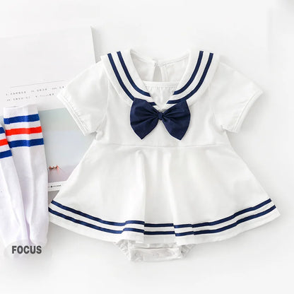 Sommer Baby Mädchen Strampler Kleid Sailor Navy Kragen Infant Mädchen Bögen Einteilige Kleidung Kleinkind Kurzarm Body.