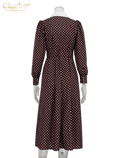 Clacive Mode Lose Druck Frauen Kleid 2025, Casual Revers Langarm Büro Dame Midi Kleider Elegante Klassische Gürtel Weibliche Kleid