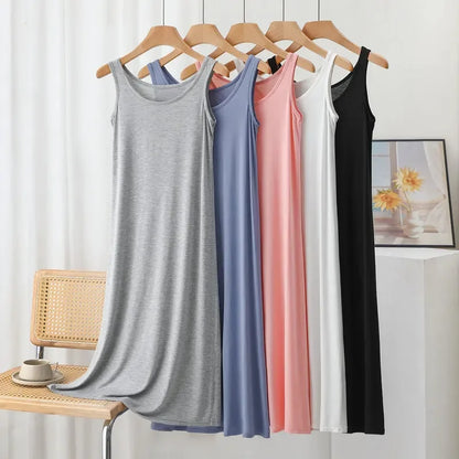 Plus Size Modal Langes Kleid Damen Frühling Sommer Lose A-Linie Bodenrock Home Nachtwäsche Ärmelloses Kleid in reiner Farbe.