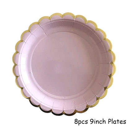 Gold Disposable Tableware Sets Purple Party Paper Cup Plates baby Shower  Birthday Party Supplies Carnival Wedding decor Favors