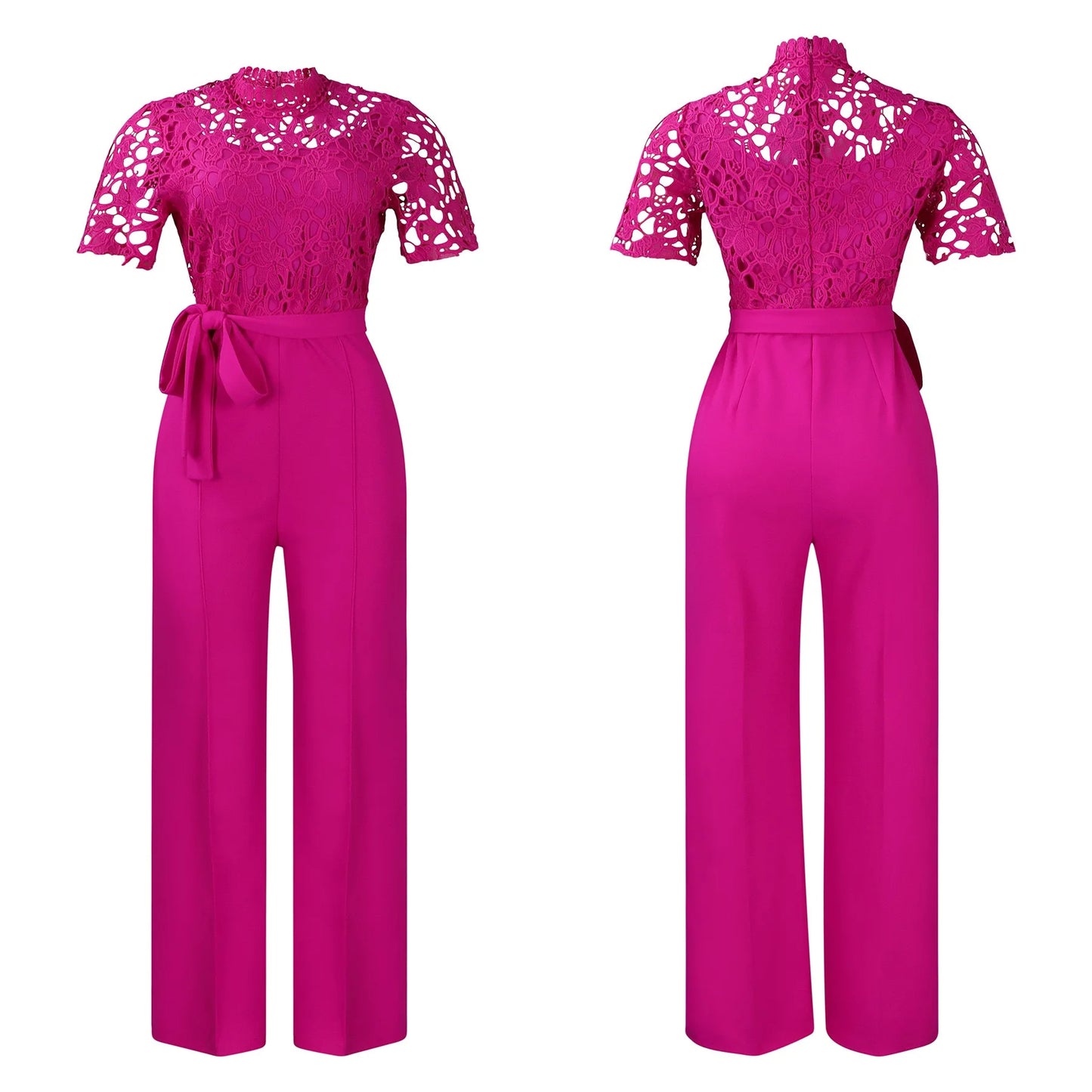 Elegant Jumpsuits & Rompers for Women O Neck Lace Patchwork Short Sleeve Sashes High Waisted Luxury Birthday Party Dinner Outfit