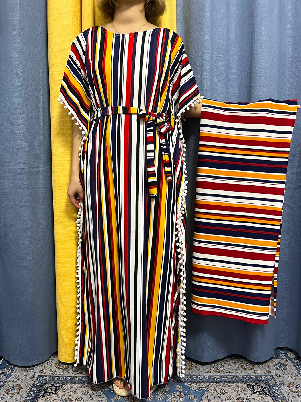 Abayas For Women 2024 Printed Vertical Stripe Tassels Elasticity Loose Fit Femme Robe African Woman Dresses With Belt Headscarf.