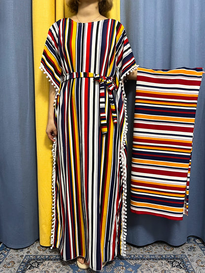 Abayas For Women 2024 Printed Vertical Stripe Tassels Elasticity Loose Fit Femme Robe African Woman Dresses With Belt Headscarf.