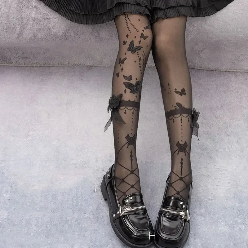 Butterfly at Night ~ Sweet Lolita Tights Sheer Wedding Pantyhose for Summer by Yidhra.