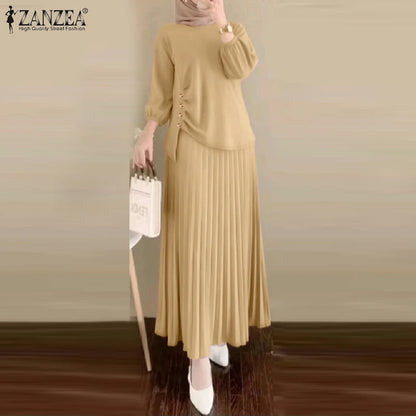 Fashion Muslim Sets Women 2PCS Outfits ZANZEA Elegant Long Sleeve Blouse Dress Suits Casual Solid Tracksuits Loose Matching Sets.
