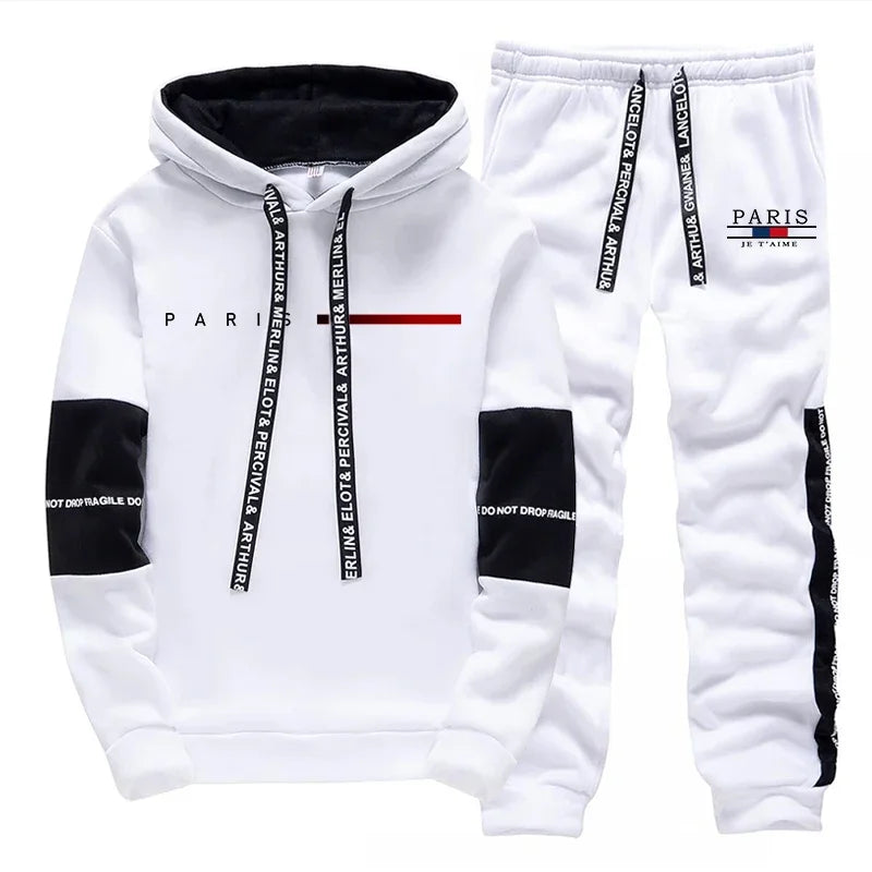 2025 Trendy Paris Print Hooded Tracksuit Men Winter Autumn Casual Jogging Outfit Athletic Sportswear Sweatpants Men's Clothes.